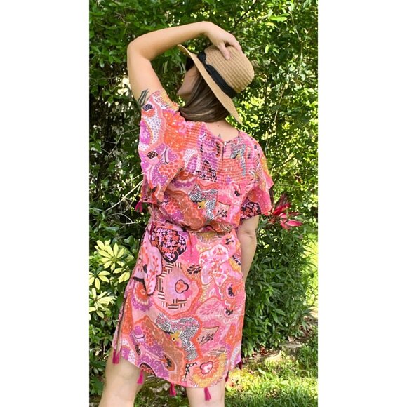 Banjanan Printed Mini Dress Flutter Sleeve Tassel Trim Floral Pink Red Large Boh - Picture 3 of 16